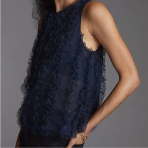 Anthropologie Maeve Navy Ruffled Tulle Tank Top